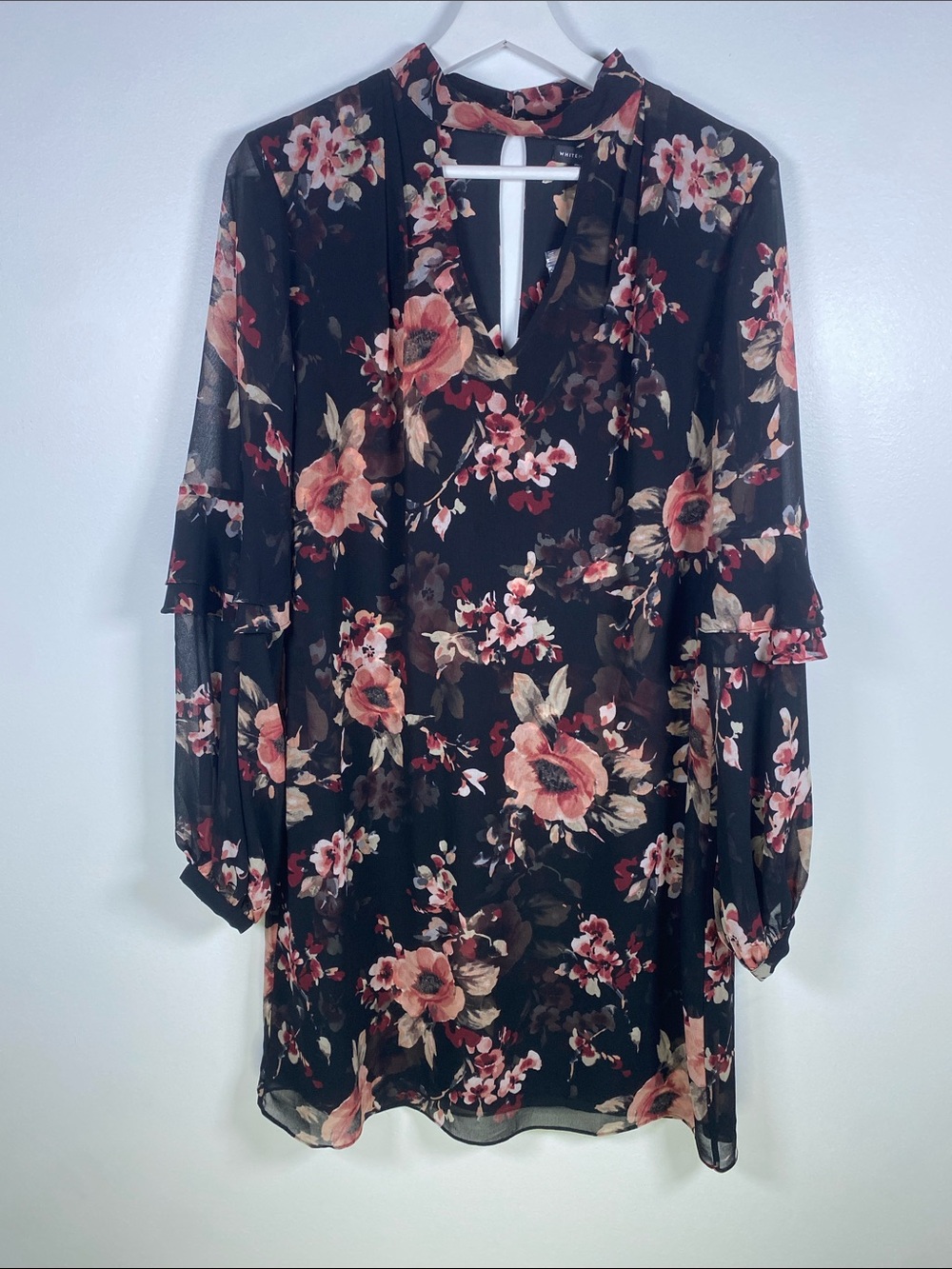 WHBM Black Grenadine Floral Chiffon Dress M NWT
